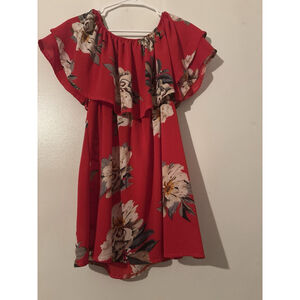 Boho Floral Off Shoulder Ruffle Mini Dress Red Cream Summer Bardot, Cottagecore,